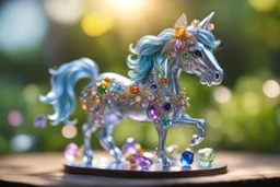 Coloured glass cute chibi horse fairy in the garden set with gemstones, glittering metal stems and gemstone leaves on a room table sharp focus elegant extremely detailed intricate very attractive beautiful dynamic lighting fantastic view crisp quality exquisite detail gems and jewels S<AI in sunshine Weight:1 Professional photography, bokeh, natural lighting, canon lens, shot on dslr 64 megapixels sharp focus Weight:0.9