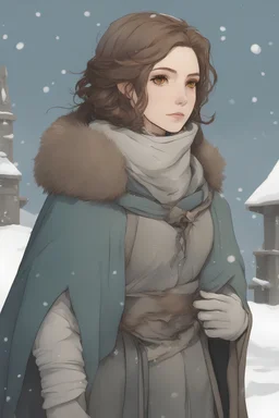 A female cleric dressed for the winter, with brown hair. Snowy background