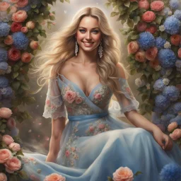 (best quality, 4k, 8k, highres, masterpiece:1.2), ultra-detailed, (realistic, photorealistic, photo-realistic:1.37),hyper realistic, full body gorgeous smiling 1woman,long hair,looking at viewer,realistic proportions,blue eyes,hair ornament,transparent top dress,very long hair,flower,blonde hair,parted lips,necklace,white dress,blonde hair,lips,blurry pastel background,freckles,realistic,head wreath, pink flower,realistic portrait, dreamy fantasy landscape countryside,great pespective,crystal