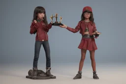 Girl 3d character with creative trophy with his hand like winner stand on stage.