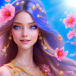 Beautyful smiling young woman, long hair amazing blue eyes, flowers, happy cosmic, bright colors, blue, pink, gold, jewels, realistic, photo real, clear sunny background, highly detailed, high contrast, 8k high definition, unreal engine 5, extremely sharp detail, light effect, sunny light background