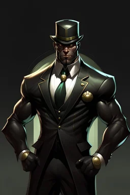 Super hero black man. he has a slick suit that makes so we can see his abs and pecs. He has a gentleman's suit, but it'S still v a super costume. He has a little jade totem around his neck, and a old watche's gold chain that goes in his front pocket. he also has a hals white mask that covers the half of his head. we can see his mouth, and his smile is friendly.