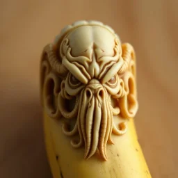 A high-resolution photograph of intricate scrimshaw of the face of Cthulhu carved into a banana, surreal, profound,