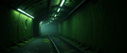 Inside the old subway tracks, . Low light and closed green moss walls. Like the original design of the game space ,digital art.landscape,far camera old painting,2 Chen and George Hopper, Rembrandt lighting, a dark green color scheme, ethereal light. --ar 13:16 --v 6. 0 metro game