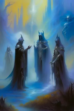 1970's dark fantasy cover dnd style oil painting of an holographic medieval heroes casting a spell in the mist with minimalist far perspective in an abstract pattern background.