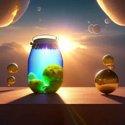 A complete world in a jar floating, super high resolution, professional photograph, in focus, beautiful detail, professional digital art, stunning 4k, volumetric light, Award-winning photograph, photography