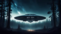 night, dark forest spaceship landing, alien, text "404" written on sky in big letters