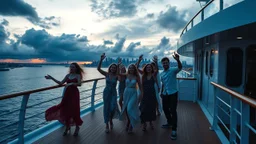 a group of young ladies and young men are dancing to camera on deck of a huge moder ship in oceion ,modern city escape at distant,cloudy sun set sky