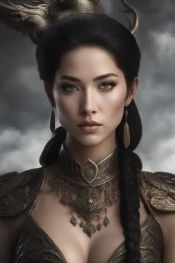 half-dragon woman with scaly skin, highly detailed, realistic, photorealism, symmetrical, soft lighting, detailed face, intricate details, HDR, beautifully shot, hyperrealistic, sharp focus, 64 megapixels, perfect composition, high contrast, cinematic, atmospheric, moody