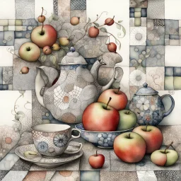 Watercolour and ink patchwork in the style of Jamie Heiden, Walter Crane, Yayoi Kusama, Ivan Shiskin, John Atkinson Grimshaw: zentangle cute whimsical watercolor Still life with apples on a porcelain plate and a teapot crisp quality, ultra detailed, elegant, fantastical, surreal, watercolor and pen, beautiful high definition fine 3D line art, white and grey and red dreamy colours, extremely detailed, intricate, elaborate, HDR, award winning, expressionism, fantastic view, ethereal, fantasy, unsi
