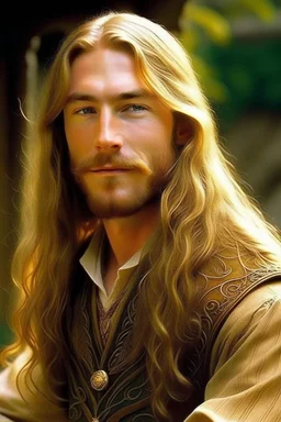 A young serene Lord Of The Rings like man with long golden hair that cascades gracefully, and a short beard, no mustache. His calm eyes, with blind pupils, reflect a depth of wisdom and inner peace. A gentle smile graces his face, adding warmth to his tranquil demeanor.