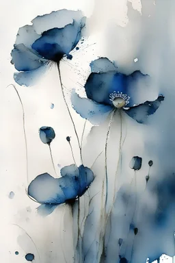 Abstract wet watercolour, grey blue poppies
