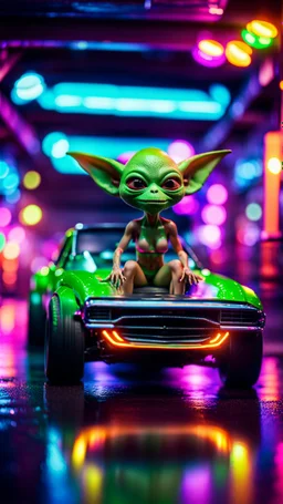 sexy dragster stunt alien gremlin posing on a hipster car parked in dark neon lit reflective wet arcade hall tunnel,bokeh like f/0.8, tilt-shift lens 8k, high detail, smooth render, down-light, unreal engine, prize winning