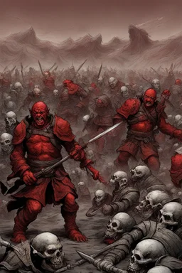 a red battle field with dead orcs