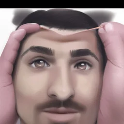 About drawing these features of a man's face Eyes: almond-shaped, medium-sized with defined eyelids and a direct and steady look. nose: a nose with prominent features, straight and with a slightly pointed tip, which can be described as a Roman nose. Mouth: Medium width with defined lips, neither too full nor too thin. Eyebrows: Naturally dense and curved, to match the shape of the face. Big Mustache: dense and arched following the shape of the upper lip.Chin and jaw: A prominent chin and defined
