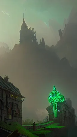 A green dragon over a medieval village