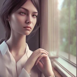 female student studying by the window, anime style,perfect face, cool face, ultra detail, unreal engine 5, cinema4d, sun light, studio lighting --ar 1:1 --v 4