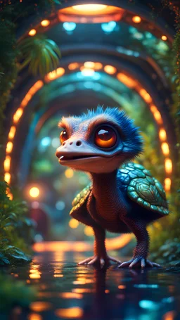 Psychedelic fire breathing space ostrich turtle dragon with friendly cute face and hair like a rocker, in dark lit reflective wet jungle metallic hall dome hotel tunnel, in the style of a game,bokeh like f/0.8, tilt-shift lens 8k, high detail, smooth render, down-light, unreal engine, prize winning