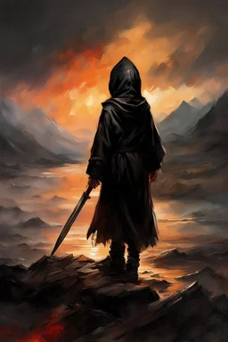 A formidable warrior-a 10-year-old boy in a black robe with a hood, on the background Amazing gloomy landscape, flooded with sunset, mountains, trees, fabulous scary hero, , juicy emotions, painting, dark fantasy, bad weather, gloomy day, dark world, by Raymond Swanland & Anna Razumovskaya & James Paick & Alyssa Monks