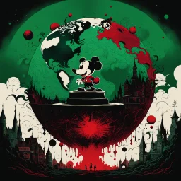 color Ink illustration by Phillipe Druilett, heavily inspired by the unsettling symbolism of Virgil Finday and Alexander Jansson, mickey mouse looming over the globe, red and dark_green and black color scheme dominating the artwork, grim narrative, smooth illustration, chilling Eldritch motifs, UV reactive color slashes, textured surface, ominous representation, unsettling.