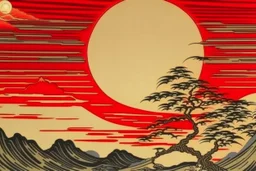 A light red blazing sun with a fiery planet painted by Utagawa Hiroshige