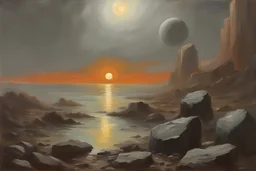 Grey sky with one exoplanet in the horizon, rocks, mountains, 80's sci-fi movies influence, friedrich eckenfelder and fernand toussaint impressionism paintings