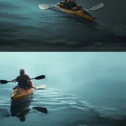 highly detailed kayaker on lake, illustration, cinematic lighting, 4k, 8k, octane render, digital concept art, greg rutkowski, trending on artstation, pinterest, extremely detailed, ambient lighting.