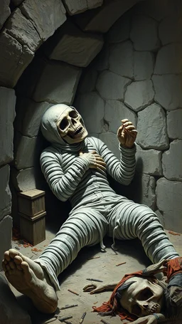 The mummy all in white laying in his death chamber Howling in Bosch painting style