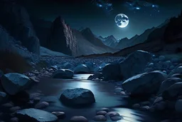 Night, moon, mountains, stream, rocks