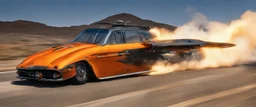 A national geographic award winning photograph of a military fighter jet station wagon wasp hybrid designed by volkswagen only one vehicle per image painted metallic orange traveling at a high rate of speed, jet intake off of front center of vehicle and jet exhaust out the rear with bright blue flame