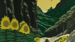 A dark green glacier with sunflowers painted by Utagawa Hiroshige