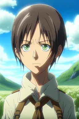 Attack on Titan screencap of a female with short, Wolf cut hair and big black eyes. Beautiful background scenery of a flower field behind her. With studio art screencap.
