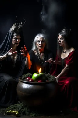 The three witches from macbeth sitting around a steaming cauldron, the one on the left dressed as lady macbeth holds a crown, the middle one dressed as a alluring Spanish gypsy and the one on the right, naked apart from a fig leaf, is holding out an apple