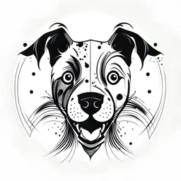 Modern tattoo motifs, abstract and minimalist ink drawing, Bold and dynamic, design on a white background, "The dog has a cheerful and mischievous look and a tongue sticking out, smiling. The picture shows a wider head of a short-haired crossbreed of a dark color, without light spots on the faces, a firmer figures with very short hanging ears.The image consists of black and blue colors.