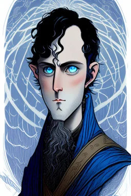 young black haired blue eyed wizard in the style of dore