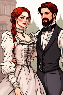 ((Athletic Petite Pale Russian Redhead Woman 30yo, Long Eye Lashes, Eye Shadow, Eye Liner, Wearing A Victorian Dress)), holding hands with A ((Dark-Haired Man With A Strong Jaw And A short beard wearing victorian dress clothes))