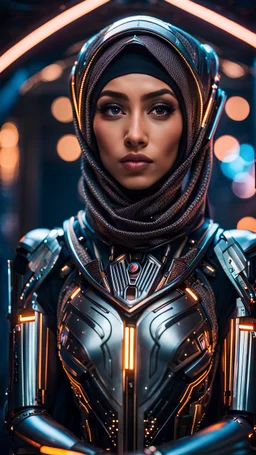 Ultra-detailed benevolent cyborg hijab in a spaceship, with anthropomorphic cybernetic elements on metal armor, neon lights reflections, reflection mapping, intricate design and details, dramatic lighting, Cinematic lighting, Volumetric lighting, Epic composition, Photorealism, Bokeh blur, Very high detail, Sony Alpha α7iv, ISO1900, Character design, Unreal Engine, Octane render, HDR, Subsurface scattering, by addie digi