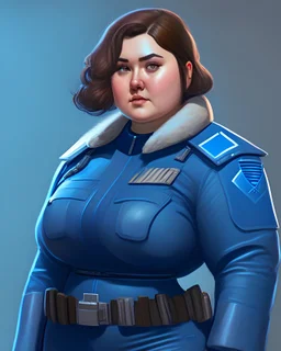 A chubby young woman wearing a blue, futuristic, skin-tight military uniform. Shoulder-length brown hair, full body. Trending on ArtStation. Semi-realistic, painted style.