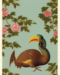 a repeating pattern of Vintage European chinoiserie wallpaper with dodo bird and oak leaf branches