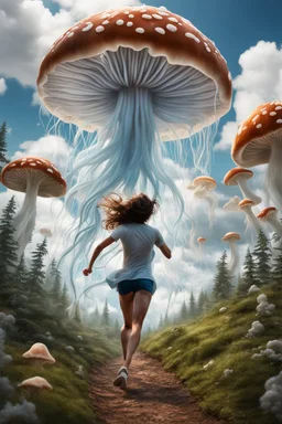 photorealistic girl running from a mushroom with jellyfish tentacles with tall narrow cloud trees in the background