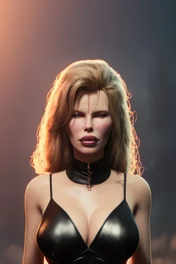 Kim Basinger in black leather gown, evil,energetic, villain, busty, cleavage, curvy, angry, happy, stern look. character design by cory loftis, fenghua zhong, ryohei hase, ismail inceoglu and ruan jia. unreal engine 5, artistic lighting, highly detailed, photorealistic, fantasy