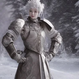 smooth hyper realistic, beautiful Japanese snow knight robot in crown, pale colors, dark cosmos background, extremely sharp detail, finely tuned detail, ultra high definition, 8 k, unreal engine 5, ultra sharp focus, accurate sword wings, positive smile, lot of details, fit within portrait, Ambiance winter, perfect composition, perfect hair, perfect hands, finger up gestures