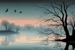 Illustration of a lonely dark tree with barren branches stands on a water's edge, reflected in the water, fog, crows on the sky, mystical landscape, sinister mood, line art