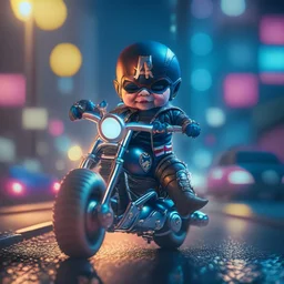 A Sharp Kawaii tiny hyper realistic baby captain america riding mini harley davidson, wearing bikers clothes with happy smile action, night of cyberpunk city background. wide angle full body, 8k, Cinematography, photorealistic,epic composition Unreal Engine,Cinematic, Color Grading, Portrait Photography,Ultra-Wide Angle, Depth of Field, hyper detailed