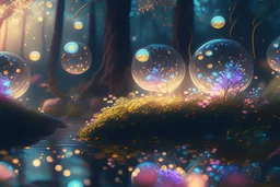 lightning sparkling flowers in floating glass balls, in forest, on lakeside in sunshine detailed matte painting, deep color, fantastical, intricate detail, splash screen, complementary colors, fantasy concept art, 8k resolution trending on Artstation Unreal Engine 5