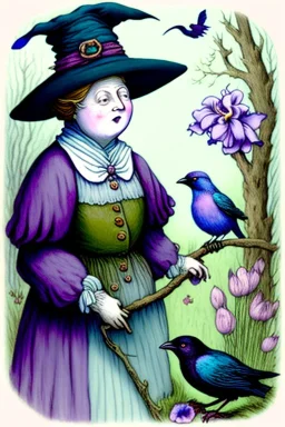 Friendly witch, playing with crows, perfect iris, pastel colours, style Beatrix Potter