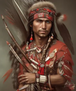 Guaicaipuro, native american face, Muscular warrior, three red feathers headband, holding spear