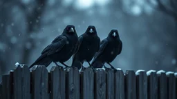 close up photography, three big black crow sitting on top of a wooden fence and looking at the camera, dark thriller mood, shot with sony , winter, high contrast, detailed, high realistic, perfect shoot, professional photography, cinematic