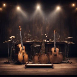 Hyper Realistic musical instruments orchestra on a dark vintage designed stage with dark grungy rustic background & vintage lights