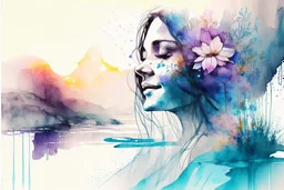 A Smiley gorgeous woman stunning drawn on paper by blue dry ink pen sketch, colored flowers beside paper. pastel colors double exposure: waterfall, misty morning, reflection, sunrise